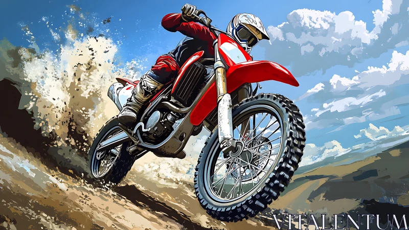 Off-road dirt bike rider carving dynamic desert turn.