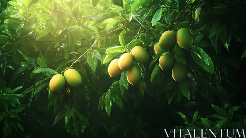 Sunlit mango boughs ripen in a lush emerald orchard glow.