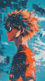 Side profile anime hero in fragmented abstract scene.