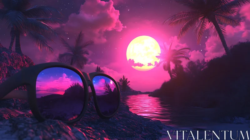 Neon tropical shoreline with sunglasses and large full moon.