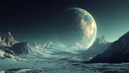 Icy alien terrain under large illuminated planet at night.