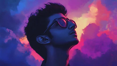 Digital painting portrait with neon gradient atmospheric clouds.