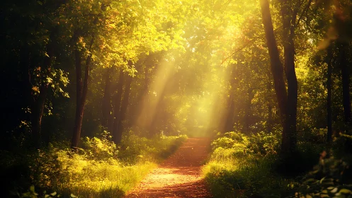 Sunlit Forest Path with Lush Greenery in a Serene Morning Light.