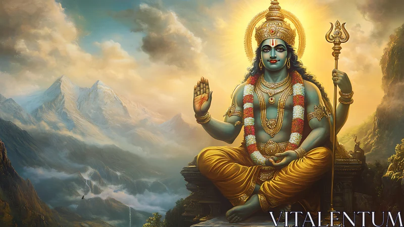 Seated blue-skinned deity figure overlooks distant mountain range