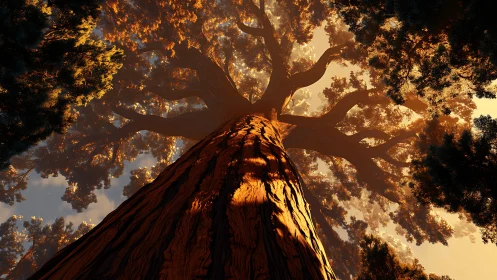 Upward view of large tree canopy in warm backlighting.