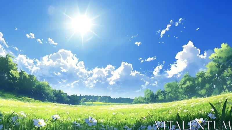 Sunlit flower meadow under expansive summer sky.