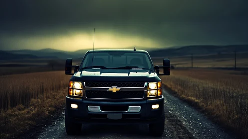 Black pickup truck stands on rural dirt road under storm sky