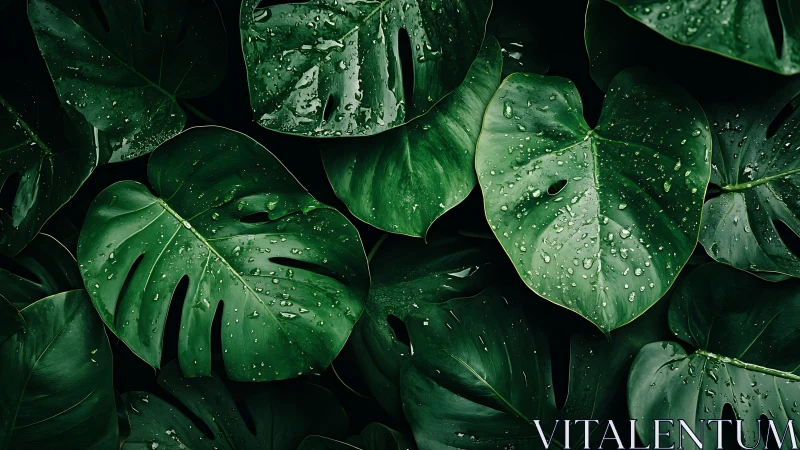 Monstera leaves with rain droplets in deep emerald tones.