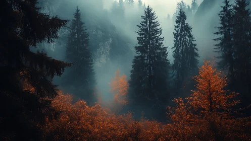 Autumn forest landscape in fog with golden larch trees