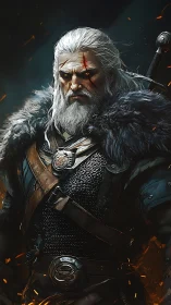 Stoic silver haired warrior standing in glowing embers.