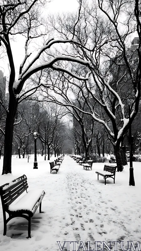Snow covered park path with benches and leafless trees.