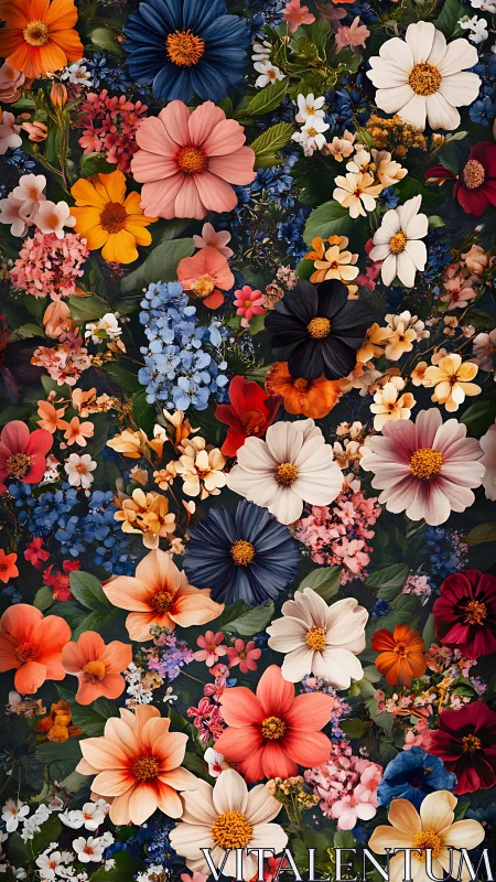 Dense floral arrangement composed of diverse flower species in varied color palette.