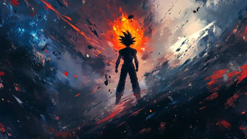 Silhouetted figure stands before central erupting energy field