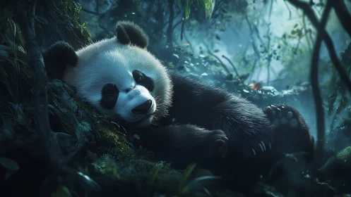 Sleeping panda resting on mossy forest floor at dusk.