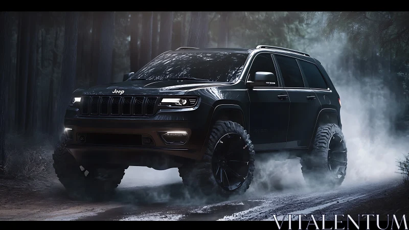 Off-road SUV emerges through mist in high-contrast forest lighting