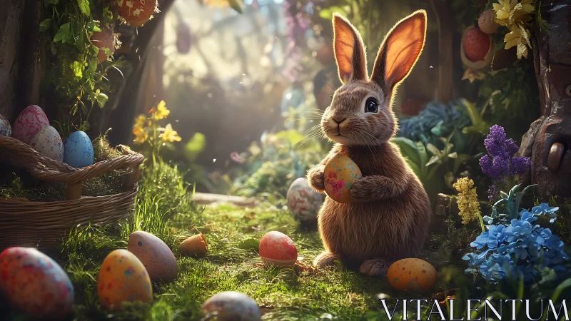 Woodland bunny cradles painted eggs in enchanted spring glade.
