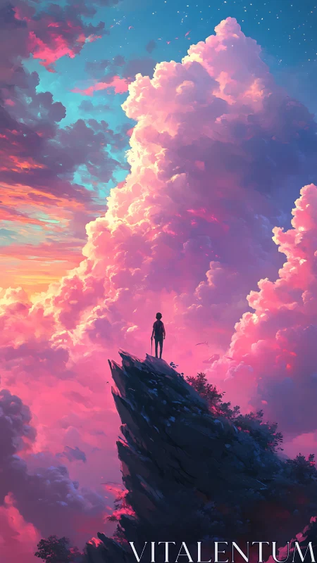 Lone figure stands on cliff edge under vivid pink clouds.