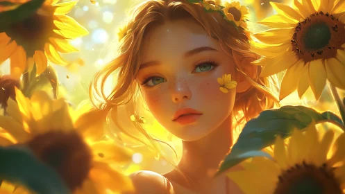 Digital portrait of young woman amid sunflowers in warm light