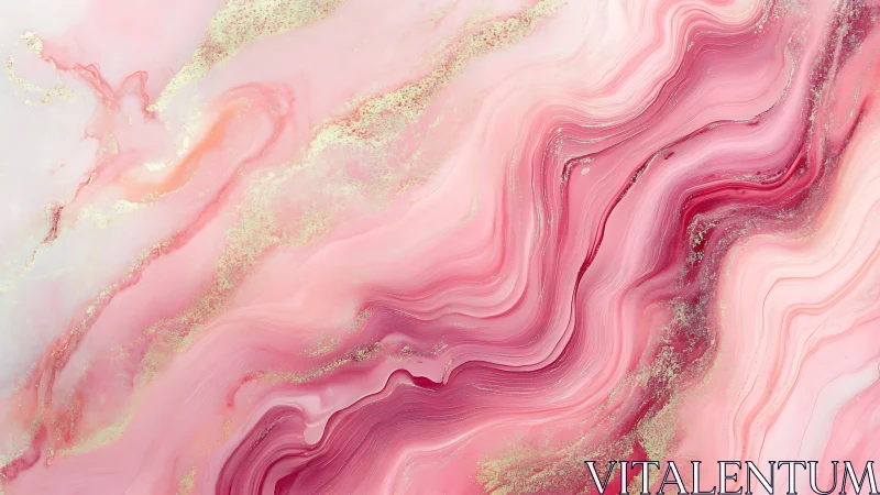 Marbled pink fluid abstraction with gold veining and stratified swirls
