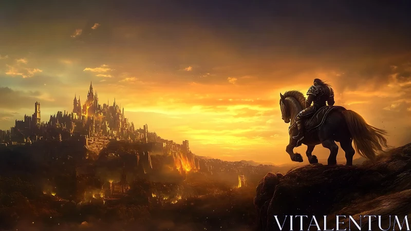 Armored rider on cliff overlooking burning fantasy city.