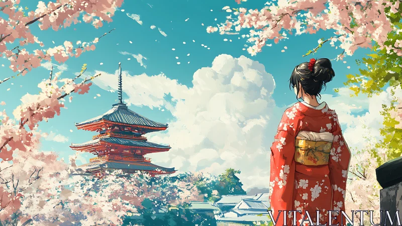 Springtime stroll beside a tranquil temple under blossoms.