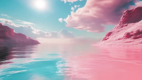 Cotton candy cliffs embrace a pastel ocean under dreaming sun.