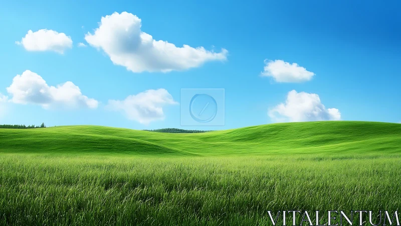 Sunlit rolling grassland under cumulus cloud-filled blue sky