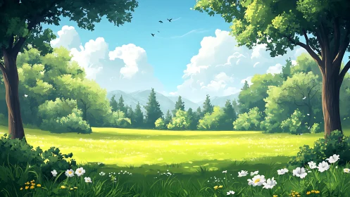 Sunlit pastoral landscape with meadow, trees, and distant mountains