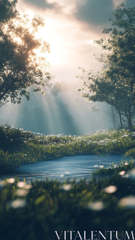 Sunlit forest pond with soft rays across calm water.
