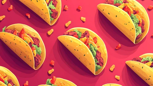Colorful taco pattern on bold red background illustration.
