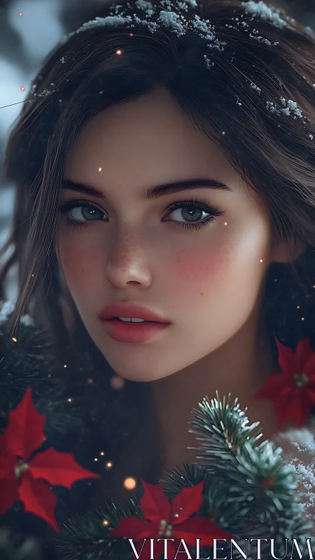 Winter portrait shows serene woman framed by poinsettias