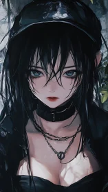 Dark-haired anime girl in black leather and choker collar.