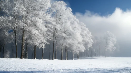 Frost crowned trees whisper quietly into the drifting winter fog
