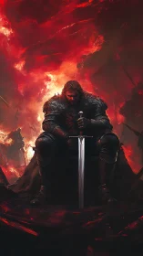 Armored warlord seated in flames holds a vertically poised sword