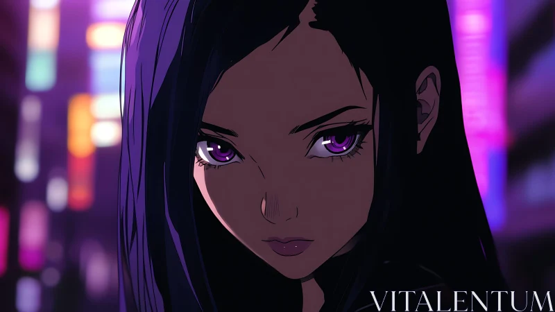 Neon-lit anime portrait with violet spectral gaze in focus.