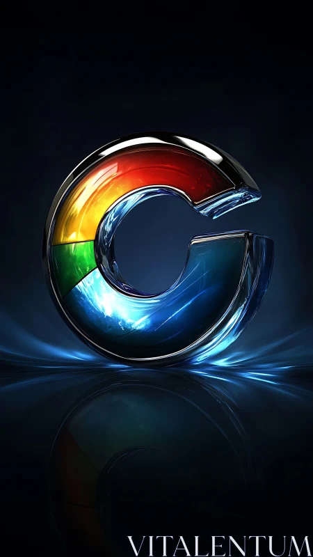Chromed rainbow letter C glows above a dark mirror surface.
