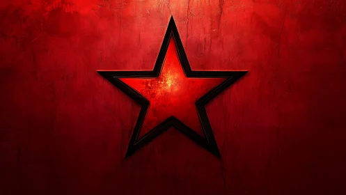 Bold red star emblem glows against distressed concrete wall