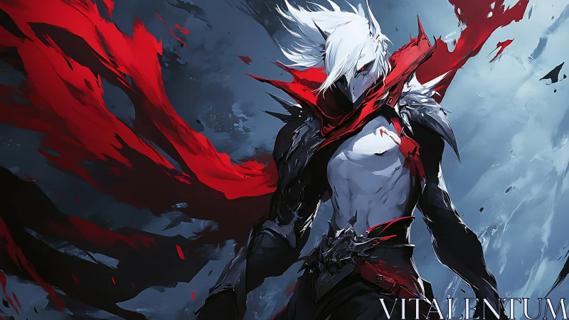 White-haired masked warrior in red-black digital battle scene.