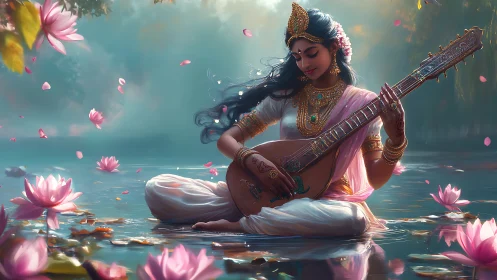 Woman in traditional attire plays string instrument on lotus pond