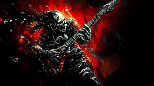 Flaming Skull Guitarist Riding a Storm of Electric Riffs.
