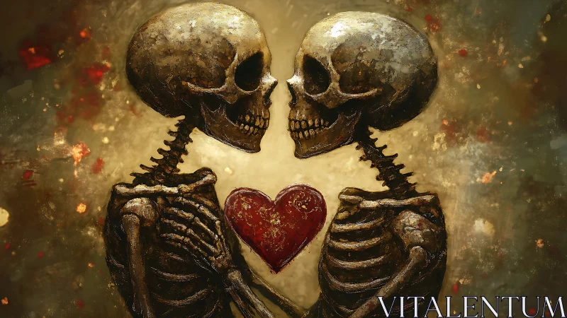 Skeleton couple holding heart in muted romantic scene.