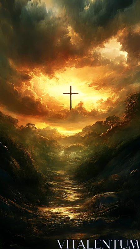 Golden sky cross over a glowing path through quiet hills.