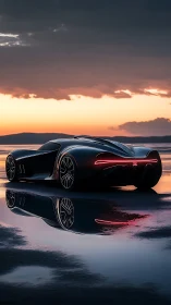 Midnight hypercar glides across mirrored sunset horizon.