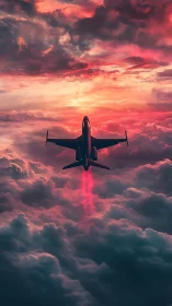 Jet aircraft viewed from above against red cloudscape sky.