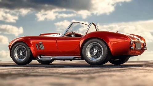 Classic red roadster gleams under a dramatic open sky