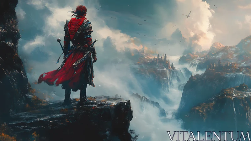 Crimson wanderer weighs destiny above the cloud carved valley