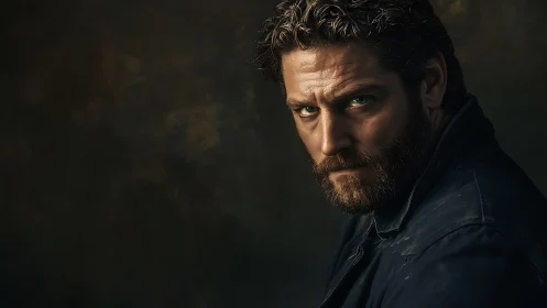Brooding bearded man gazes intensely against moody shadowed backdrop