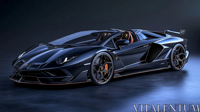 Midnight blue supercar basking in sleek spotlighted calm.