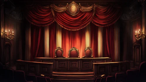Ornate tribunal chamber with red drapery and empty seats.