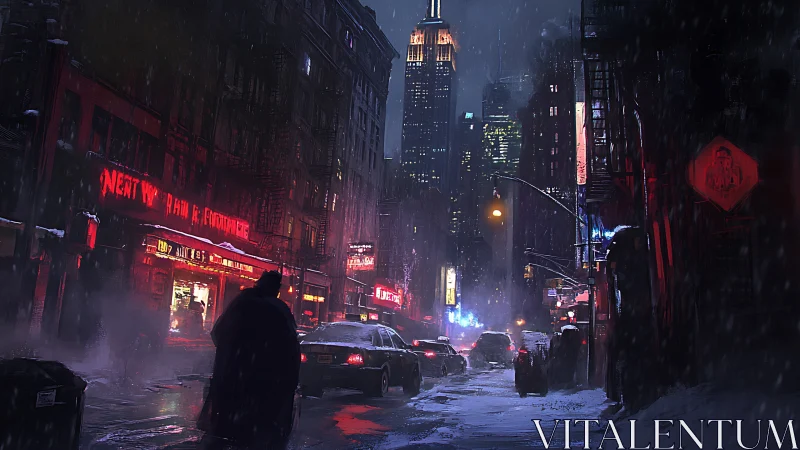 Noir winter city street with distant tower and neon haze